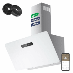 CIARRA A+++ Dunstabzugshaube 90 cm CBCW9736K Wi-Fi App SensorTouch Bedienung Kopffreie Schräghaube Umluft Abluft 650m³/h CBCF003 Aktivkohlefilter Wandhaube Edelstahl Glas Weiß