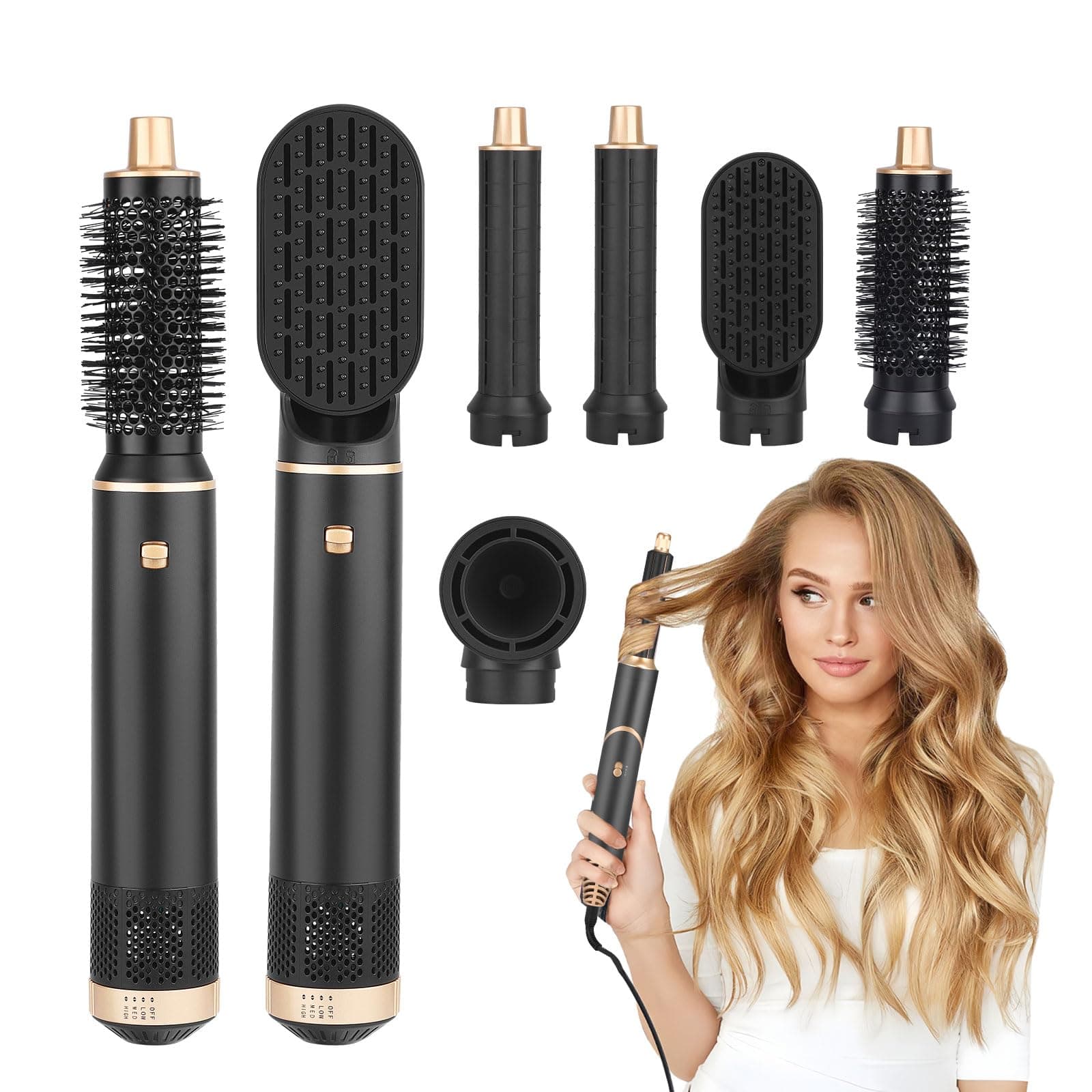 Airstyler 5 in 1, 1000W Hair Styler Haarstyler Warmluftbürste Set mit 110000 U/Min Hochtouriger Motor, Negativ Ione Hairstyler mit Luft Lockenstab, Föhn, Glättbürste, Leise, 88dB, 3 Tempe Schwarz