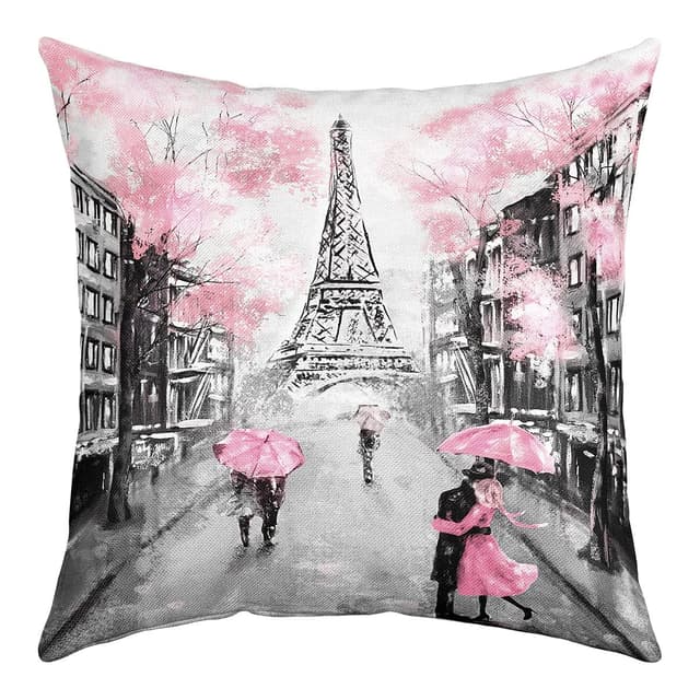 Homewish Paris Kissenbezug 40 x 40 cm Französischer Eiffelturm Kissenbezug für Zuhause Bett Sofa Couch Kissenbezug Mit Retro Paris Thema Aquarell Kirschblüten Dekorativer Kissenbezug Rosa Grau Multi 1 40 x 40 cm, 1 Stück
