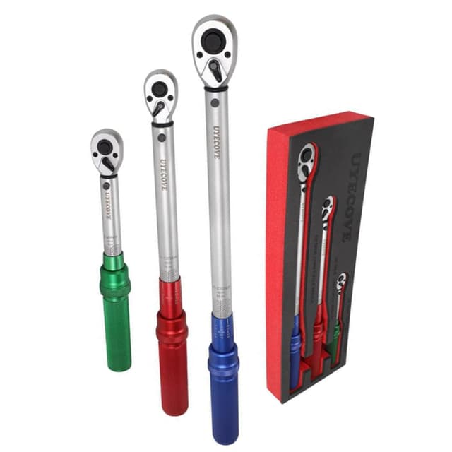 UYECOVE Drehmomentschlüssel Set, 3 teilig Drehmomentschlüssel 1/4" 5-25Nm, 3/8" 20-120Nm, 1/2" 40-220Nm, ±3% Fehlergenauigkeit Drehmomentschlüssel für Fahrrad, Motorrad, Auto, LKW
