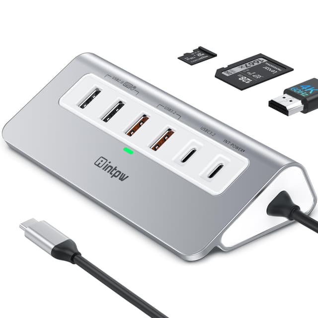 Intpw USB C Hub 10Gbps, 9-IN-1 Docking Station mit HDMI 4K@60HZ, 3 USB 3.2 10Gbps Data, PD 100W, 2 USB-A 2.0, SD/TF Port für iPhone 16/15,MacBookAir/Pro