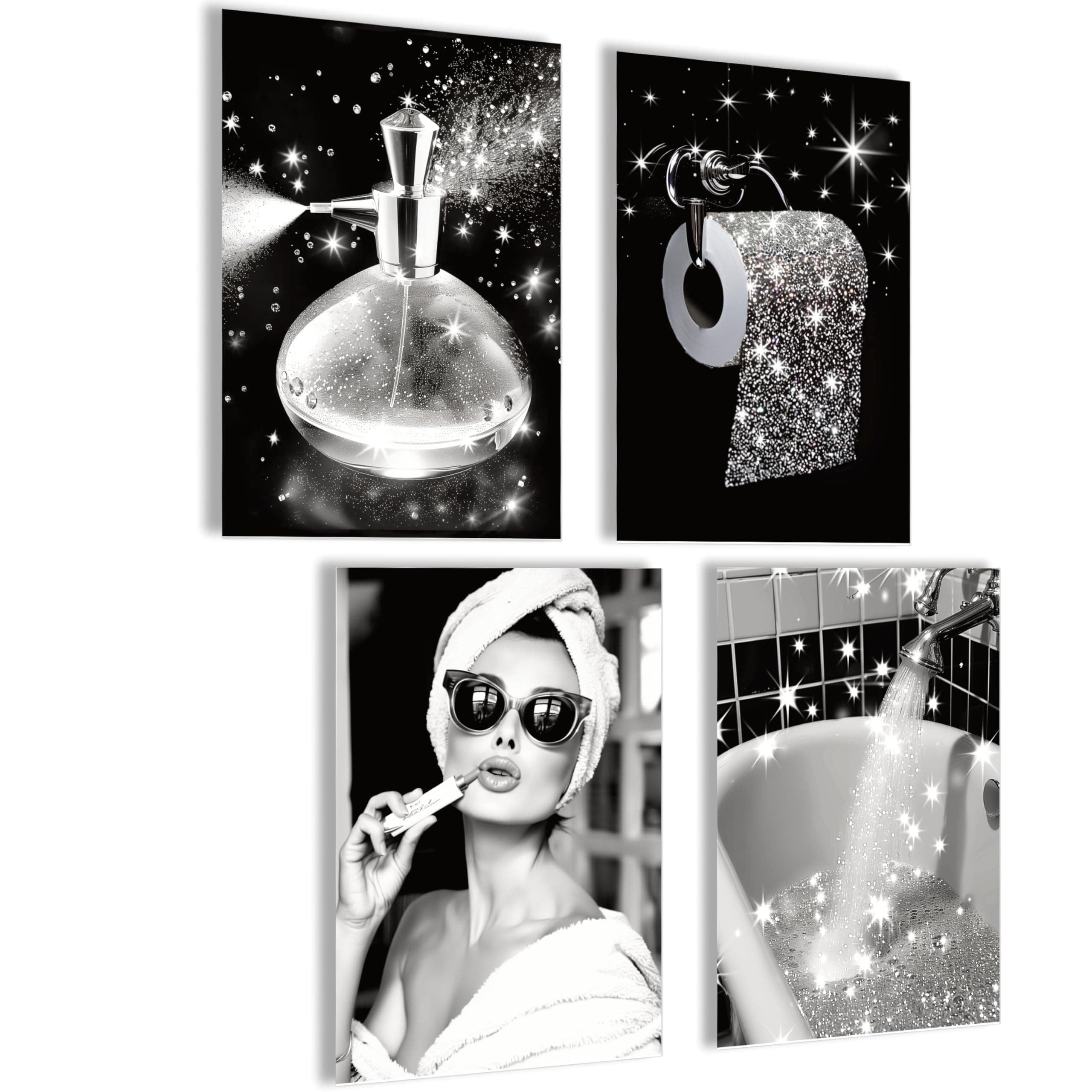 mojoliving Bilder Badezimmer Bilder Gäste WC Schild Badezimmer Poster Toilette WC Deko Bad Poster WC Deko Gästetoilette Bild Posterset 4x A4 (21x30cm) | ohne Rahmen Bad Toilette Bling Bling