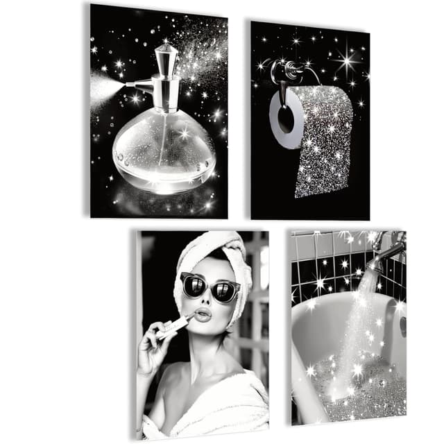 mojoliving Bilder Badezimmer Bilder Gäste WC Schild Badezimmer Poster Toilette WC Deko Bad Poster WC Deko Gästetoilette Bild Posterset 4x A4 (21x30cm) | ohne Rahmen Bad Toilette Bling Bling