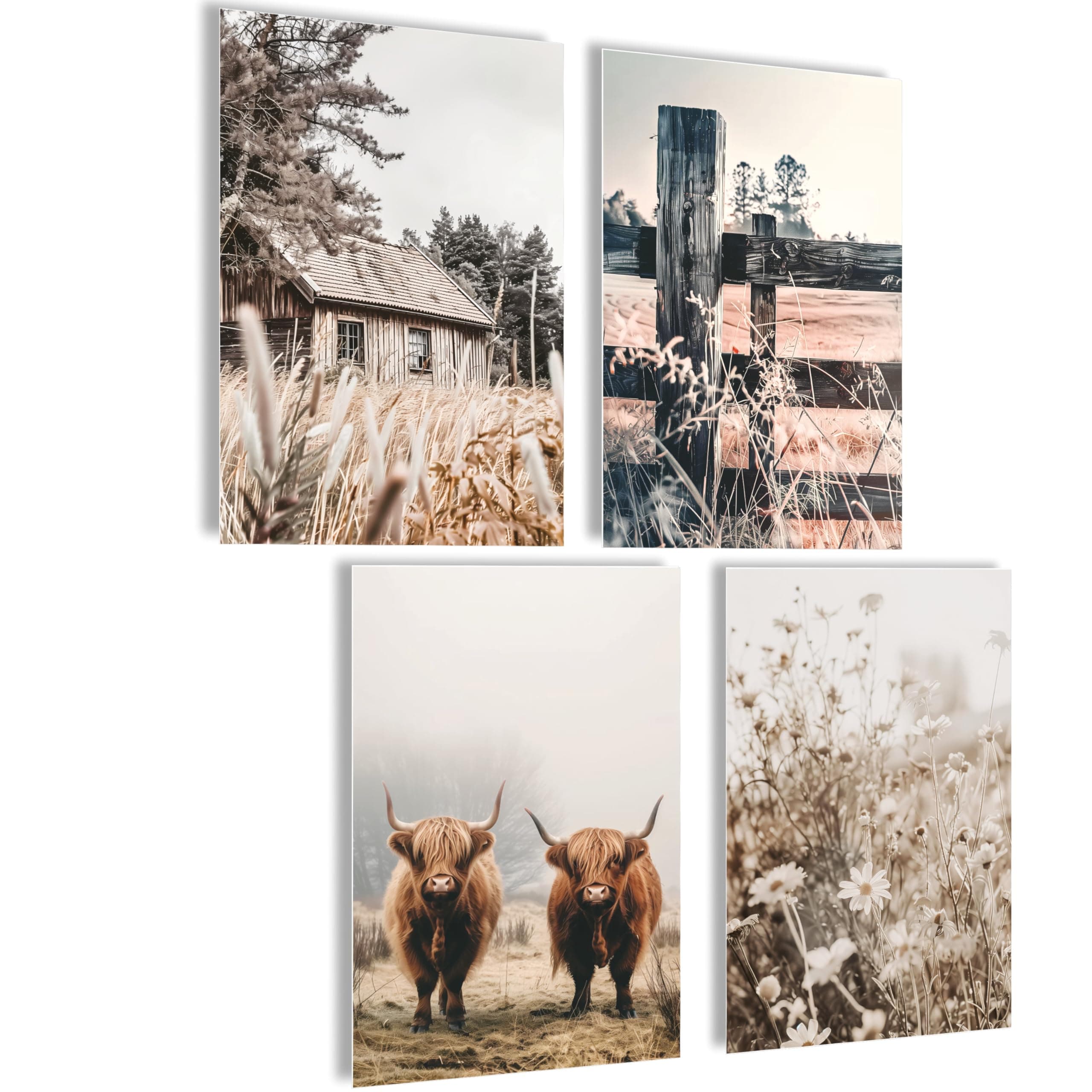 KÜCHE Deko Wandbilder Sprüche Poster Set mit Bilderrahmen A4 (Hochlandrind Bild, 4x A4 | ohne Rahmen) 4x A4 | ohne Rahmen Hochlandrind Bild