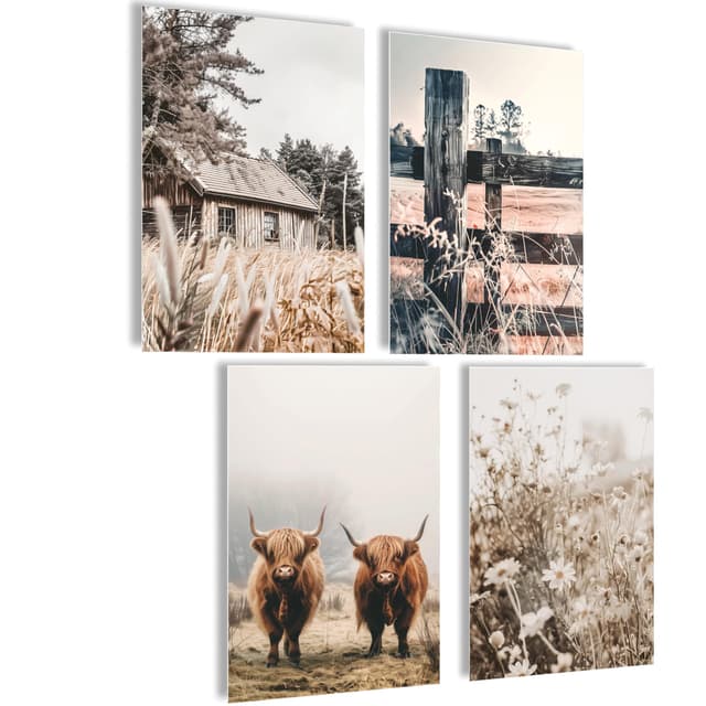 KÜCHE Deko Wandbilder Sprüche Poster Set mit Bilderrahmen A4 (Hochlandrind Bild, 4x A4 | ohne Rahmen) 4x A4 | ohne Rahmen Hochlandrind Bild