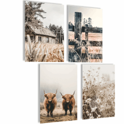 KÜCHE Deko Wandbilder Sprüche Poster Set mit Bilderrahmen A4 (Hochlandrind Bild, 4x A4 | ohne Rahmen) 4x A4 | ohne Rahmen Hochlandrind Bild