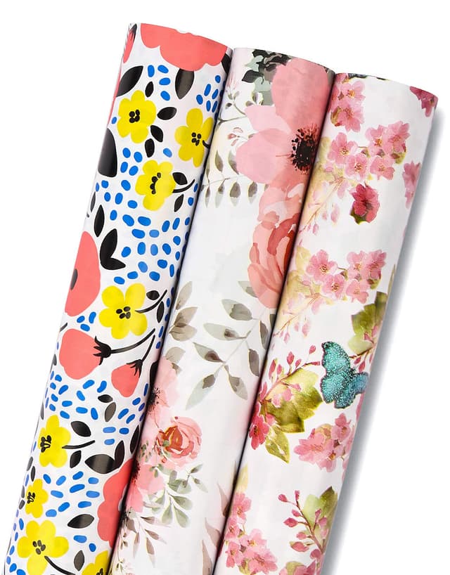 RUSPEPA Geschenkpapierrolle - Mini Roll - 3 Verschiedene Blumen- Und Schmetterlingsmuster (42,5 sq. ft.ttl.) - 43,2 cm X 3,05 m Pro Rolle Blumen & Schmetterling