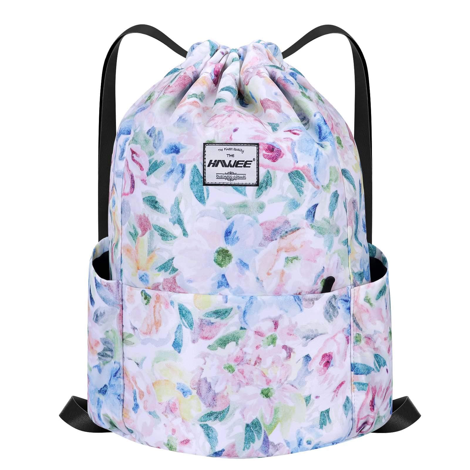 HAWEE Wasserdicht Kordelzug Rucksack mit Innentasche Groß Turnbeutel Kordelzug Tagesrucksack Tunnelzug Tasche Sporttasche Unisex für Frauen Männer Reise Alltag Outdoor Yoga Schule Strand Schwimmen Blühende Blumen