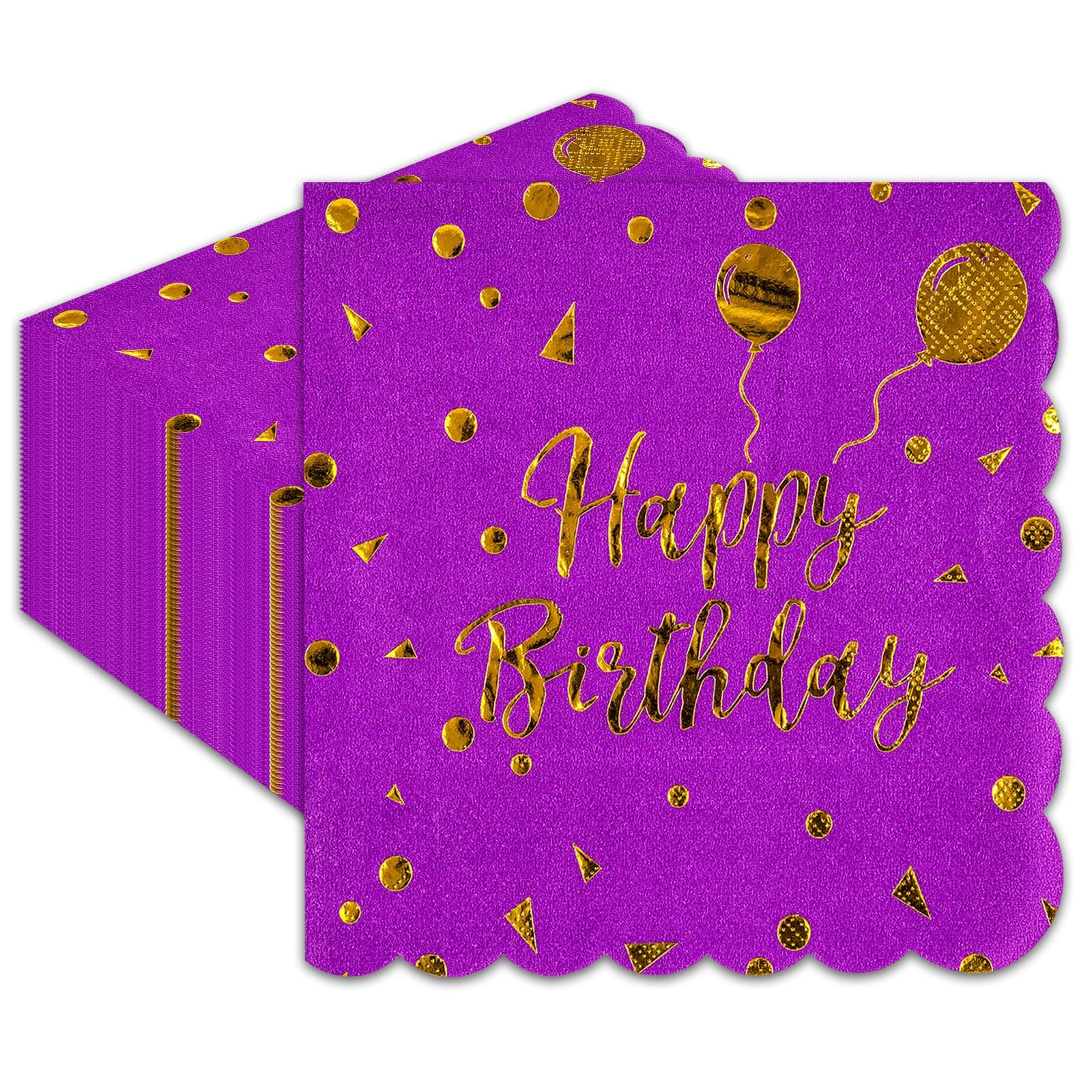 40 Stück Lila Gold Servietten,33x33cm Happy Birthday Scalloped Einweg Cocktail Dinner Hochzeit Party Einwegpapier Servietten für Mädchen Geburtstag Party Zubehör Dekoration Scallopedr Lila und Gold
