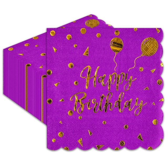 40 Stück Lila Gold Servietten,33x33cm Happy Birthday Scalloped Einweg Cocktail Dinner Hochzeit Party Einwegpapier Servietten für Mädchen Geburtstag Party Zubehör Dekoration Scallopedr Lila und Gold