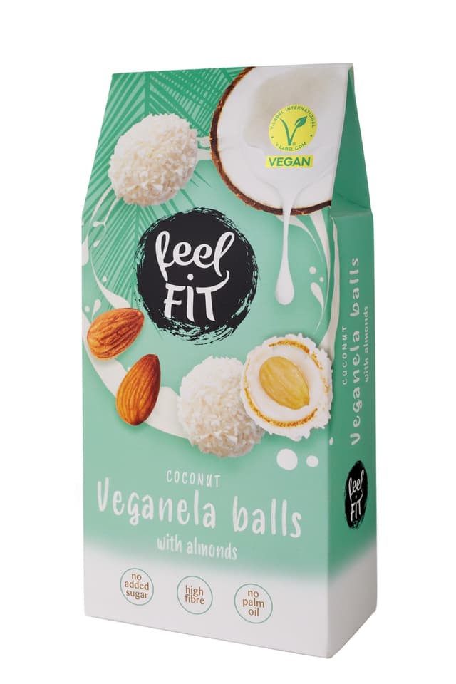 Feel FIT Veganela Balls, vegane Kokosnusspralinen mit ganzen Mandeln im Inneren und Kokosmilchcreme, ohne Zuckerzusatz, ohne Palmöl (6 x 63 g) 6x63 g