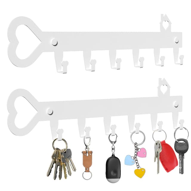 GENHH 2 Stück Schlüsselbrett, Schlüsselhalter Wand in Herzform, Schlüsselbrett Ohne Bohren mit 6 Haken, Schlüsselleiste mit Drei Installationsmethoden Schlüsselhaken für Flure Badezimmer Weiß