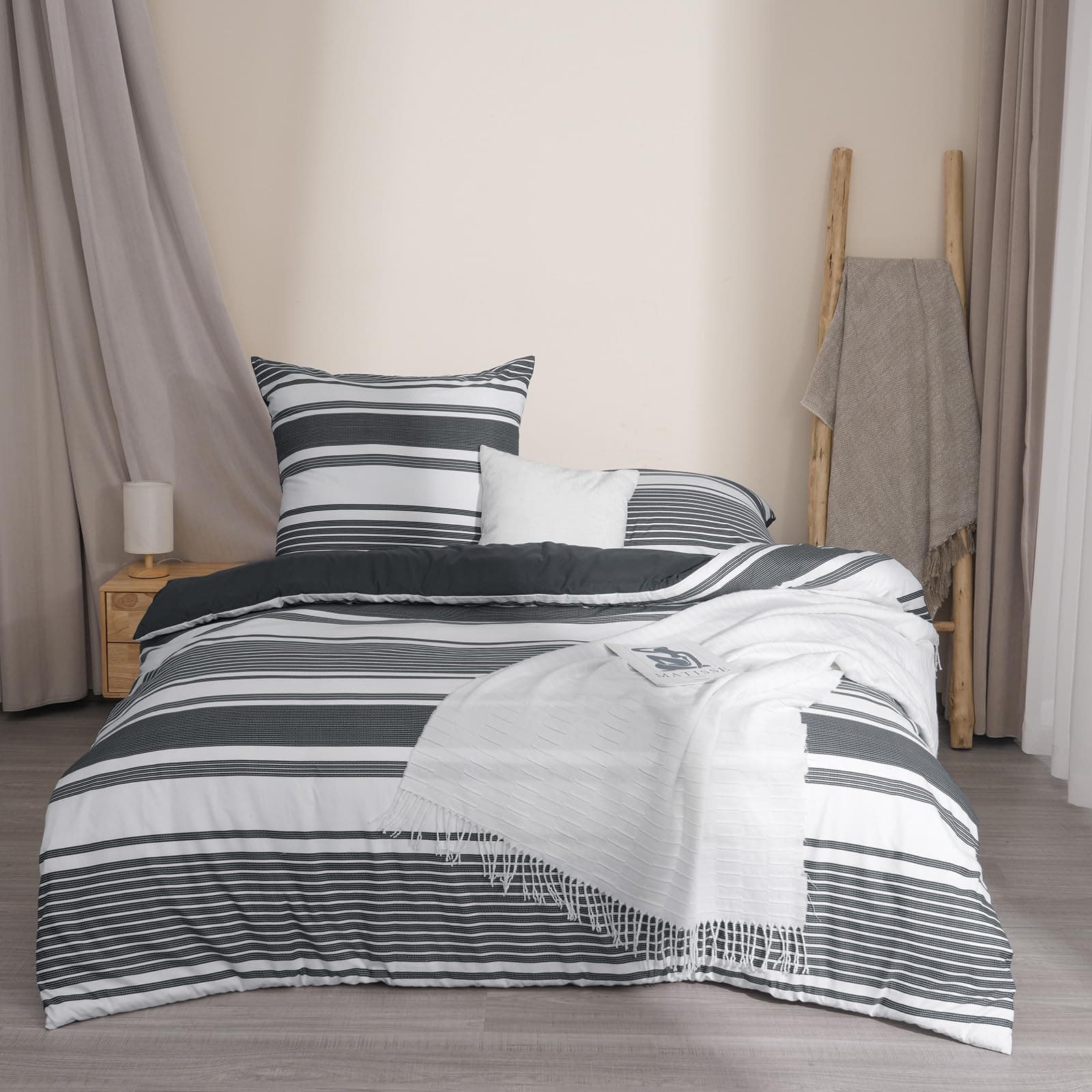 PHF Bettwäsche 200x220, Streifen Bettbezüge 200x220 cm mit 2er Kissenbezüge 80x80 cm, Weich und Bügelfrei Dark Grey Bettwäsche 200x220cm aus Mikrofaser mit Reißverschluss Charcoal, Dunkelgrau Dunkelgrau 200 x 220 cm