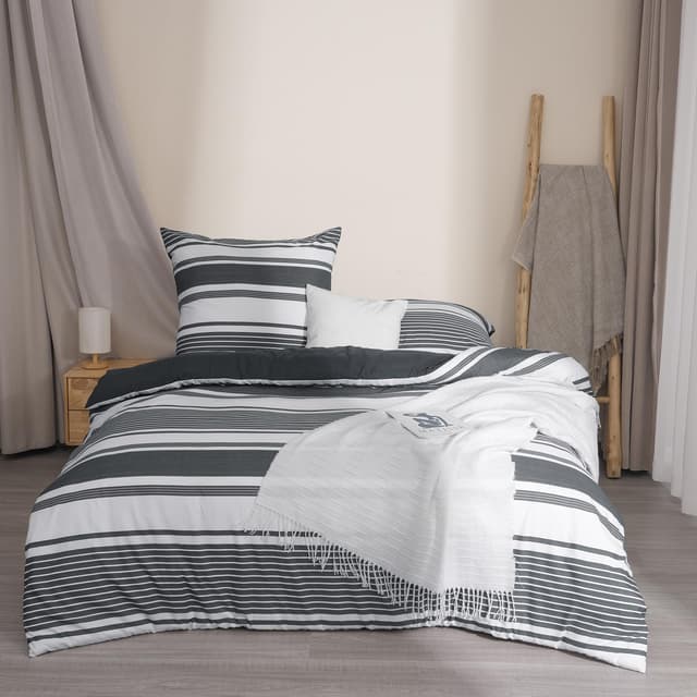 PHF Bettwäsche 200x220, Streifen Bettbezüge 200x220 cm mit 2er Kissenbezüge 80x80 cm, Weich und Bügelfrei Dark Grey Bettwäsche 200x220cm aus Mikrofaser mit Reißverschluss Charcoal, Dunkelgrau Dunkelgrau 200 x 220 cm