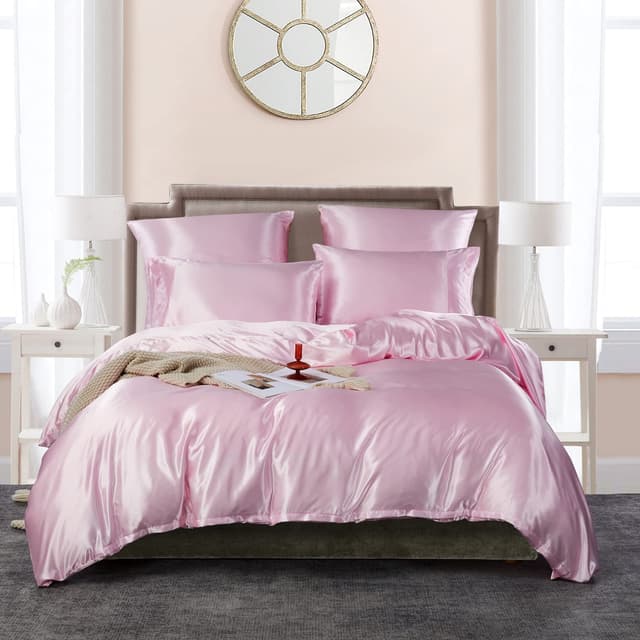 Luofanfei Bettwäsche Rosa 135x200 2er Set Satin Seide Glänzend Glatt Bettwäsche Set Luxus Glanzsatin Pink Hellrosa Einfarbig Microfaser Bettwäsche-Sets Bettbezug Einzelbett mit Reissverschluss Rosa 135x200 cm 80x80 cm