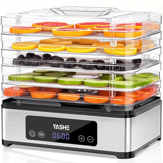 YASHE Dörrautomat mit Edelstahlgitter, 5-lagiger Dörrgerät, 400W Dehydrator mit Timer für Fleisch, Obst, Gemüse, Kräuter und Hundesnacks