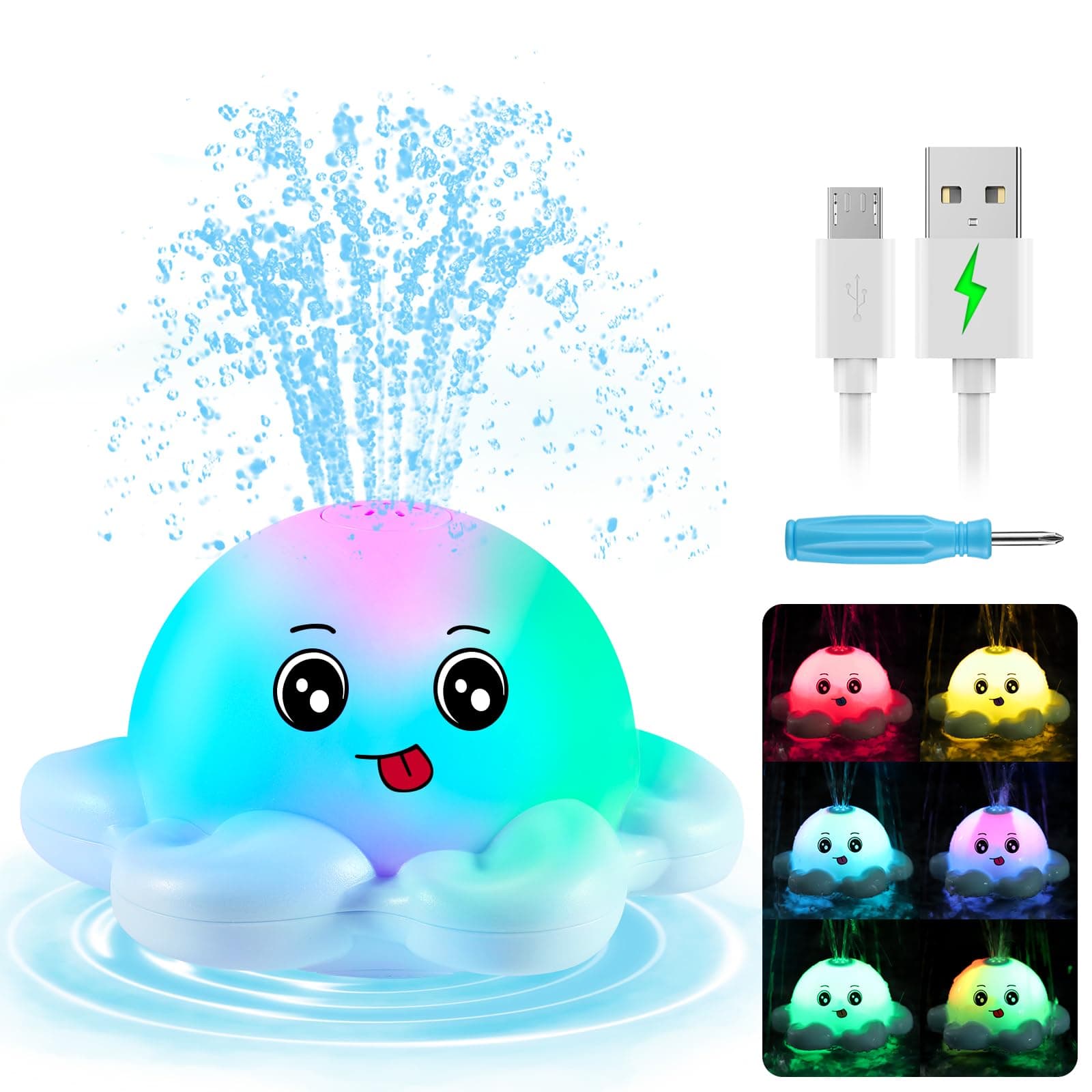 Gigilli Octopus Bath Badewannenspielzeug Baby Badespielzeug,Wiederaufladbares Oktopus Badewanne Spielzeug Automatisches Sprühwasser Geschenk Leuchtend Badespielzeug für Baby Kleinkinder,Blau