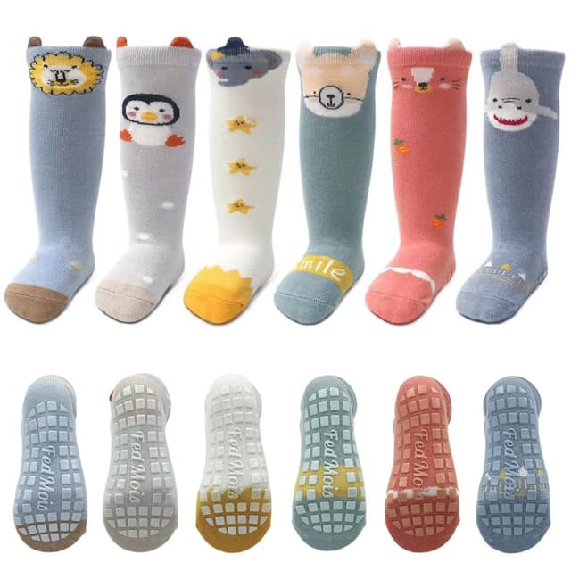 FedMois 6er Pack Baby Kleinkinder ABS rutschfeste Socken Knielang Kniestrümpfe Baumwolle 1-3 Jahre Hai