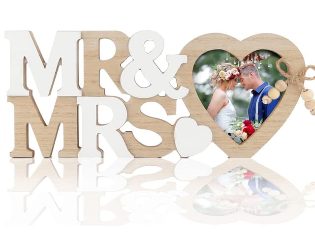SWTYExt Mr & Mrs Deko Hochzeit Fotorahmen, Gastgeschenke Hochzeit Brautpaar, Hochzeit Tischdeko Vintage, Holz Buchstaben Deko für Zeremonie, Hochzeitstag, Party, Haus, Foto Requisiten Herz Rechts