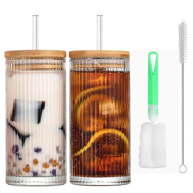 CEWROM 2 Stück 12oz Glasbecher mit Deckel und Strohhalm, Transparente Glas Wasserbecher, Eiskaffee Gläser, Longdrinkglas Set, Wiederverwendbare Eiskaffeebecher, luftdichtes und wasserdichtes Design