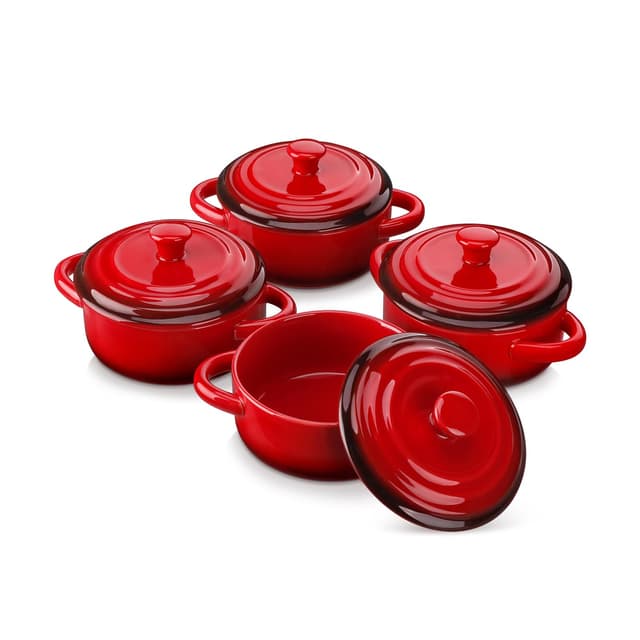 LOVECASA Auflaufförmchen aus Steinzeug, 4 teilige Souffle Förmchen mit Deckel, Mini Cocotte, Kleine Auflaufform, Steinzeug mit Griffen zum Backen, Souffle 420ml Roter Farbverlauf