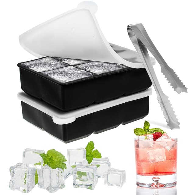 Eiswürfelform Silikon groß Eiswürfel Form mit Deckel 1 Eiszange, Eiswürfelbehälter 6-Fach 2er Pack Eiswürfelbereiter 5 cm Ice Cube Tray für Bier Cocktails Whisky(Schwarz)