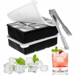 Eiswürfelform Silikon groß Eiswürfel Form mit Deckel 1 Eiszange, Eiswürfelbehälter 6-Fach 2er Pack Eiswürfelbereiter 5 cm Ice Cube Tray für Bier Cocktails Whisky(Schwarz)
