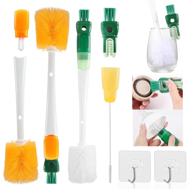 lomdung 2 Stücke 5-in-1 Flaschenbürste Lang mit Griff, Multifunktionale Flaschenbürsten Reinigungsbürste mit 2 Stücke Haken, Strohhalm Reinigungsbürste, Flaschenbürste Baby, für Getränkeflaschen