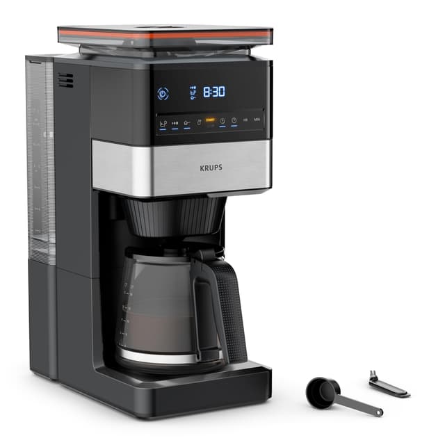 Krups Grind Aroma XL Filterkaffeemaschine, abnehmbares Kegelmahlwerk, digitales Bedienfeld, XL-Fassungsvermögen (1,5 L), Warmhaltefunktion, Glaskanne, Schwarz/Edelstahl, KM842810