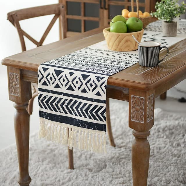 Schwarz-weißer Tischläufer im Boho-Stil, wasserdichtes Leinen mit Quasten-Retro-Druckmuster, geeignet für Esstisch Hochzeit Garten (Schwarzweißdruck, 40 x 140 cm) Schwarzweißdruck 40 x 140 cm