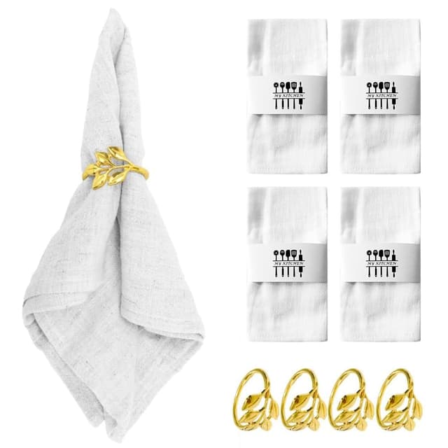 LOMUG Stoffservietten, 4er Set Dinner Stoffservietten Baumwolle, Leinenservietten Wiederverwendbare, Stoffservietten mit Serviettenringe für Hochzeit Geburtstag Party Küche Cafe Restaurant 40 x 40cm Weiß-4 Set