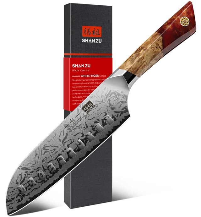SHAN ZU Damast Santokumesser, 18cm Japanisches Küchenmesser aus SG2-Pulverstahl, Handgeschmiedetes Profi Kochmesser aus 91 Schichten Damaststahl, Ergonomischer Ahorngriff – WHITE TIGER Series Santokumesser 18cm Santokumesser 18cm