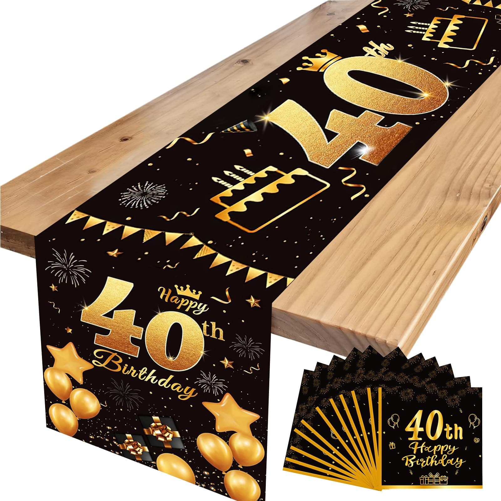 ZOCONE Tischläufer 40 Geburtstag Mann mit 20 Stück Servietten 40 Geburtstag Deko Tischdecke Schwarz Gold Party Tischdeko Geburtstag Tischbanner 40th Birthday Table Runner Leinen Geburtstagsdeko Tisch