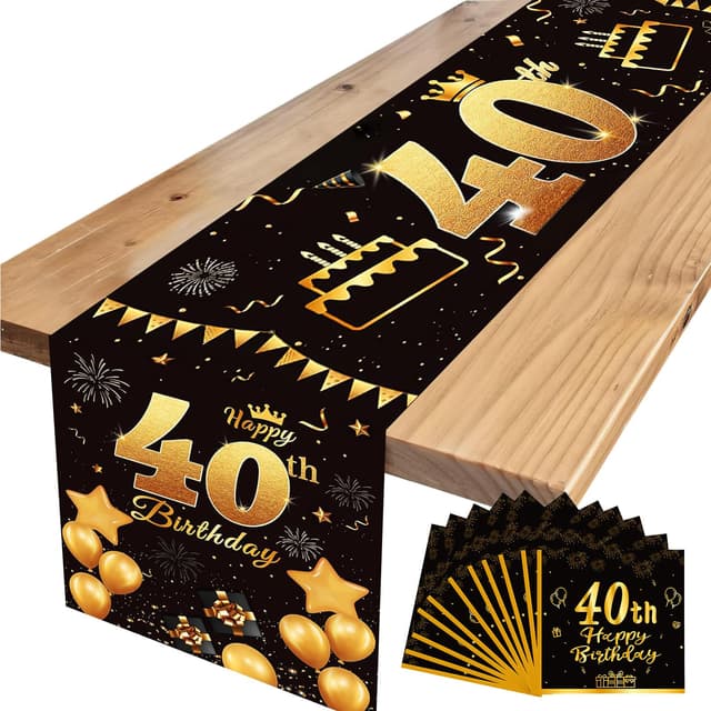 ZOCONE Tischläufer 40 Geburtstag Mann mit 20 Stück Servietten 40 Geburtstag Deko Tischdecke Schwarz Gold Party Tischdeko Geburtstag Tischbanner 40th Birthday Table Runner Leinen Geburtstagsdeko Tisch