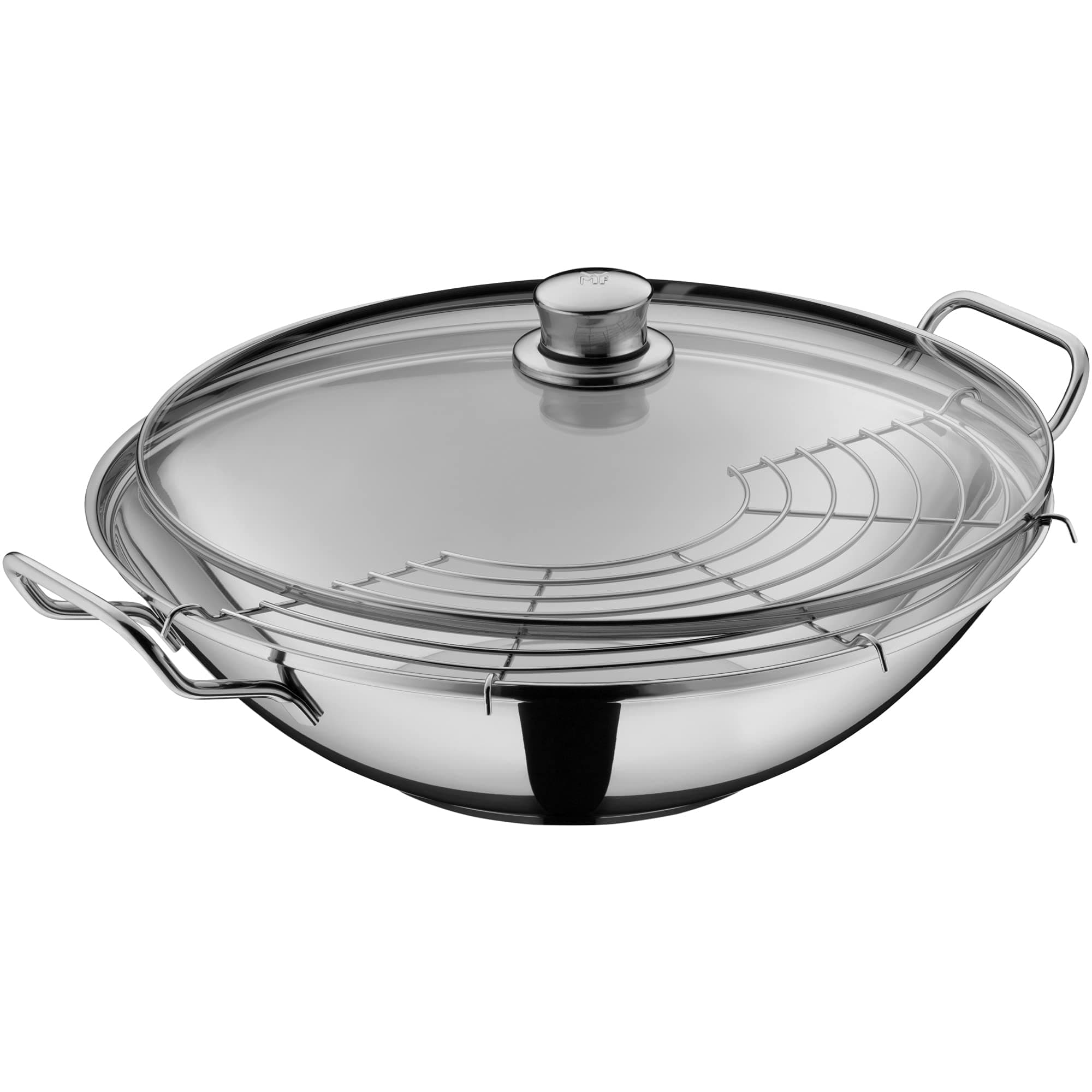 WMF Party Taiwan Wokpfanne Induktion 36 cm, Wok mit Deckel und Ablagegitter, Wok Induktion mit Deckel, Cromargan Edelstahl unbeschichtet, backofengeeignet