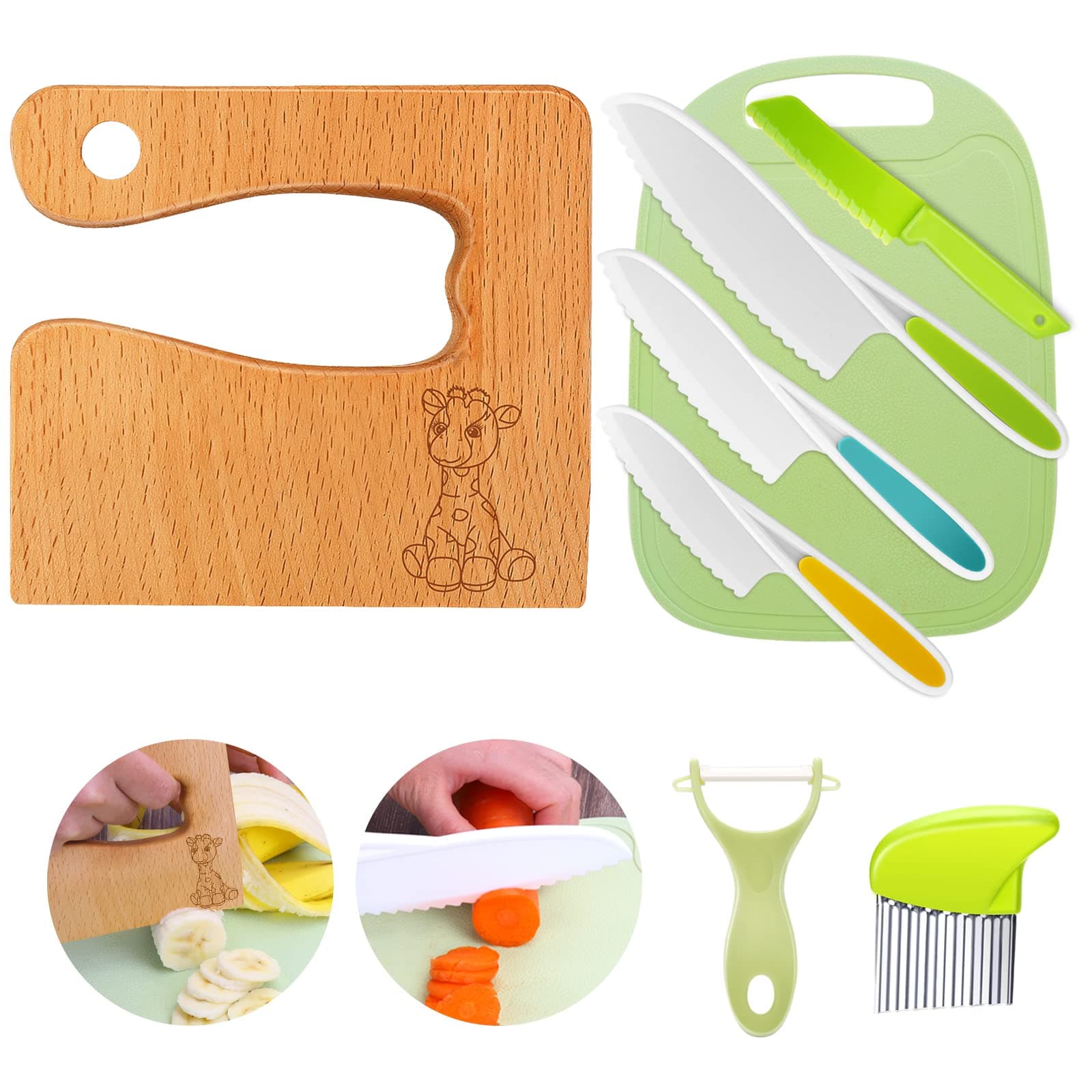 Goodchef Kindermesser 8-teiligs, Sicherheits Küchenmesser Set für Kinder ab 2 Jahren, Montessori Spielzeug, Kinder Küchenutensilien für Lernen & Spielen，geeignet zum Schenken (Giraffe Holzmesser)