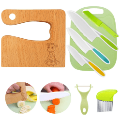Goodchef Kindermesser 8-teiligs, Sicherheits Küchenmesser Set für Kinder ab 2 Jahren, Montessori Spielzeug, Kinder Küchenutensilien für Lernen & Spielen，geeignet zum Schenken (Giraffe Holzmesser)