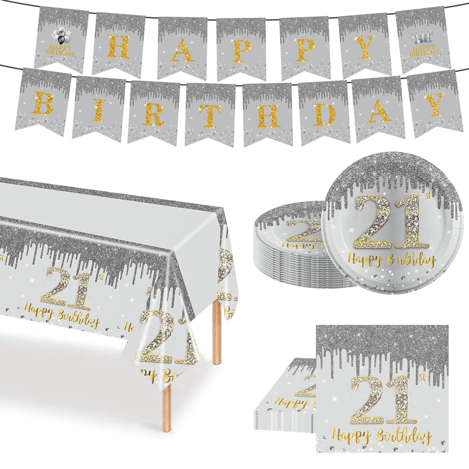 51 Stück Silber Gold Partygeschirr Set, 21. Geburtstag Party Geschirr Pappteller Set, Tischdeko Geburtstag Mädchen Junge mit Tischdecken Pappteller Servietten Girlande Banner für Geburtstagsdeko Party SET 21 Jahre Alt
