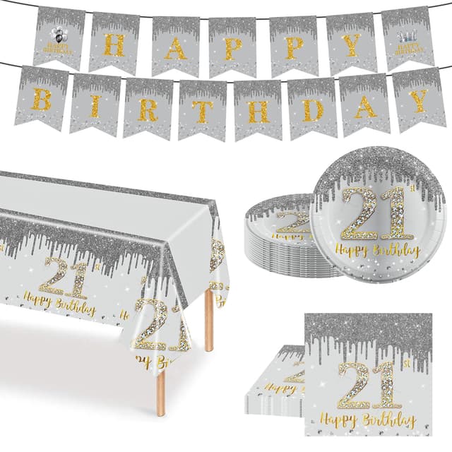 51 Stück Silber Gold Partygeschirr Set, 21. Geburtstag Party Geschirr Pappteller Set, Tischdeko Geburtstag Mädchen Junge mit Tischdecken Pappteller Servietten Girlande Banner für Geburtstagsdeko Party SET 21 Jahre Alt