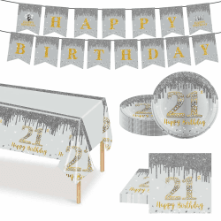 51 Stück Silber Gold Partygeschirr Set, 21. Geburtstag Party Geschirr Pappteller Set, Tischdeko Geburtstag Mädchen Junge mit Tischdecken Pappteller Servietten Girlande Banner für Geburtstagsdeko Party SET 21 Jahre Alt