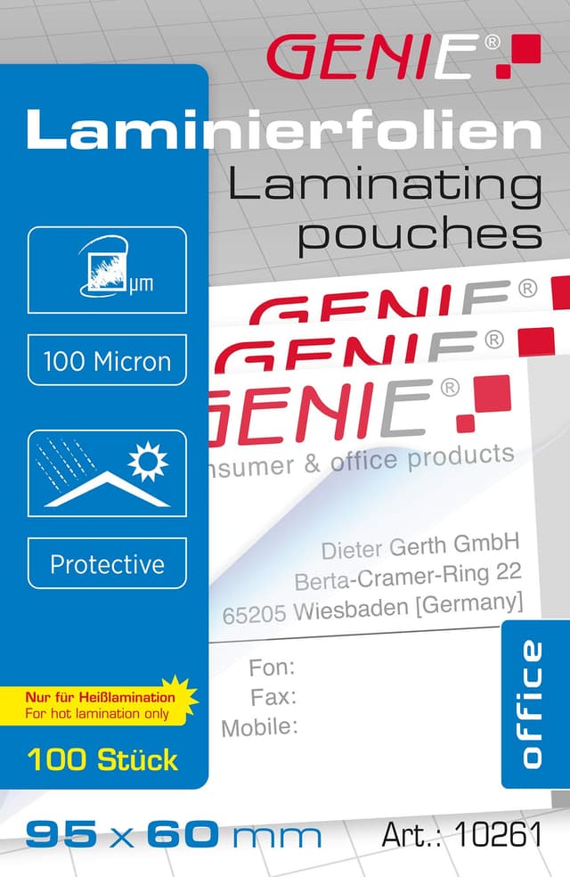 Genie 10261 Laminierfolien (100 Mikron, für bis zu Visitenkarten-Formate, 95 x 60 mm) 100er Pack glasklar