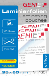 Genie 10261 Laminierfolien (100 Mikron, für bis zu Visitenkarten-Formate, 95 x 60 mm) 100er Pack glasklar