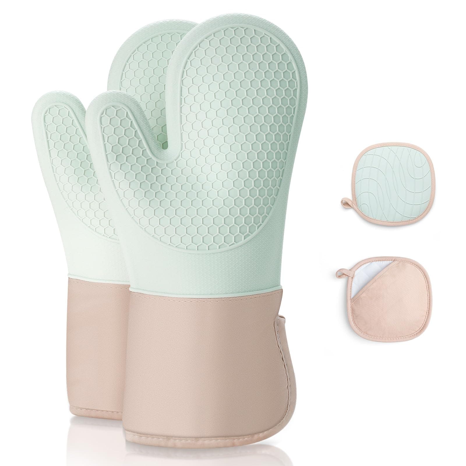 Romon Ofenhandschuhe, Topfhandschuhe Topflappen mit Silikon Handschuh Backofen 4er Set, Hitzebestaendig 350° und Extra Lang Waschbare, Backhandschuhe Kochhandschuhe zum Kochen Backen Grillen, Grün