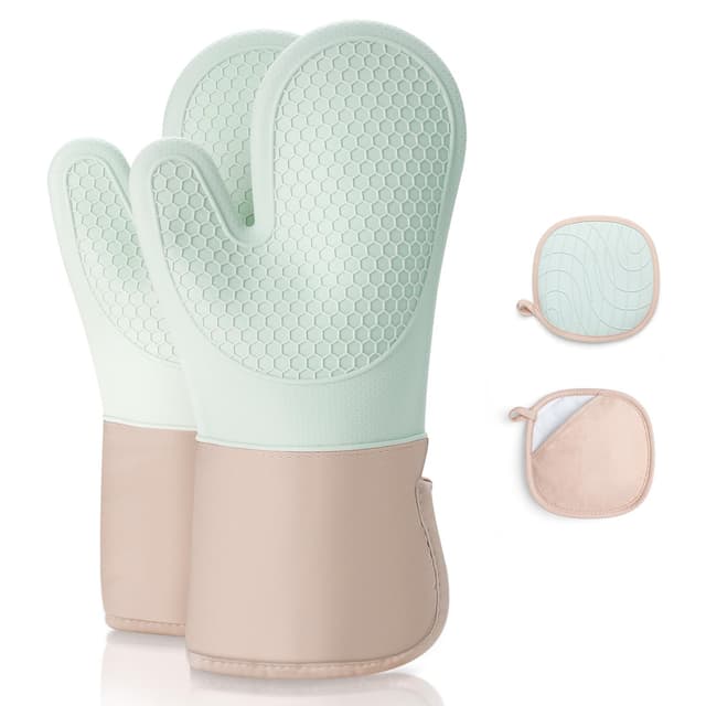 Romon Ofenhandschuhe, Topfhandschuhe Topflappen mit Silikon Handschuh Backofen 4er Set, Hitzebestaendig 350° und Extra Lang Waschbare, Backhandschuhe Kochhandschuhe zum Kochen Backen Grillen, Grün