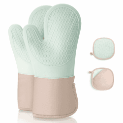 Romon Ofenhandschuhe, Topfhandschuhe Topflappen mit Silikon Handschuh Backofen 4er Set, Hitzebestaendig 350° und Extra Lang Waschbare, Backhandschuhe Kochhandschuhe zum Kochen Backen Grillen, Grün