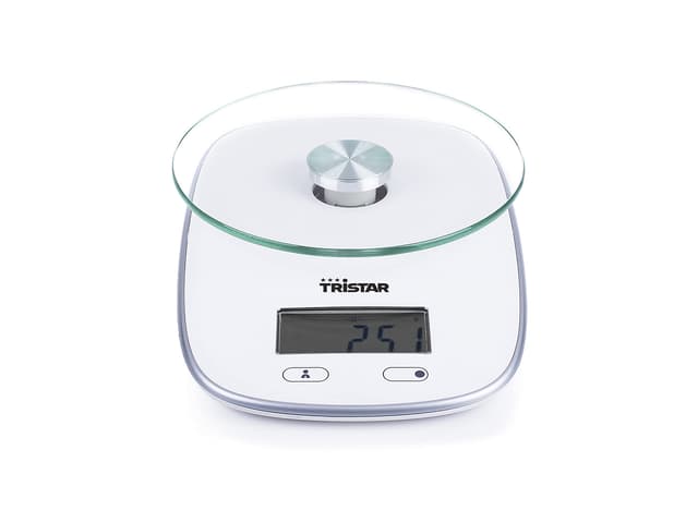 Tristar KW-2445 Küchenwaage Maximale Tragkraft: 5 kg Gehärtete Glasplatte, Glas, weiß 16 x 23 x 50 cm Wiegefläche Glas