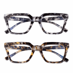 SKYWAY 2 Pack Übergroße Lesebrille Damen Herren mit Blaulichtfilter, Stilvolle Retro Quadratische Computerbrille Blaulicht Brille mit Sehstärke Grauer/Geblümter Schildpatt 1.5 x