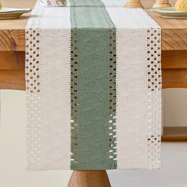 Kiatuniya Tischläufer Beige und Salbeigrün Boho Tisch Läufer Makramee Gehäkelte Spitze Modern Tischläufer Deko Schmal Vintage Bauernhaus Table Runner Kurz Hochzeit Party Tischdeko Outdoor 30x140 cm Beige und Salbeigrün 30 x 140 cm