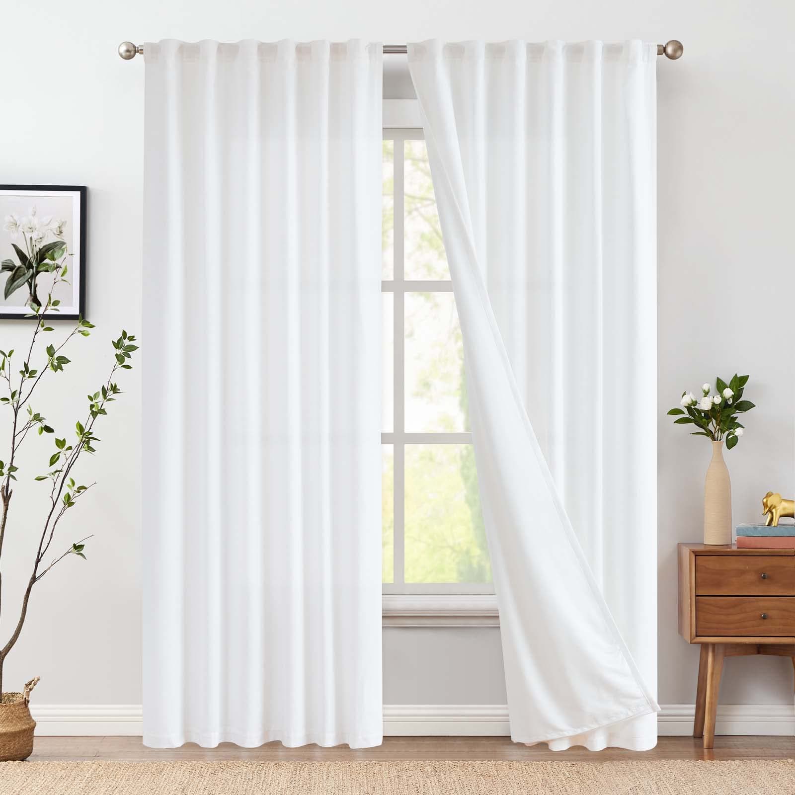 Vangao Gardinen Leinen Vorhänge mit Futter 140Bx210H(cm) Länge für Wohnzimmer Schlafzimmer Landhausstil Bauernhaus Modern Lichtfilterung Fenster Vorhang mit verdeckten Schlaufen 2 Panel Weiß Futter | Weiß H210 x B130 cm (2er Pack)
