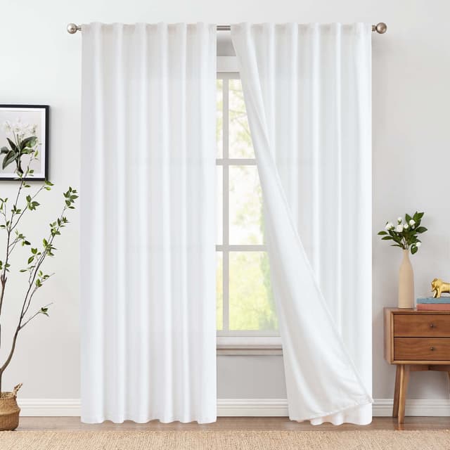 Vangao Gardinen Leinen Vorhänge mit Futter 140Bx210H(cm) Länge für Wohnzimmer Schlafzimmer Landhausstil Bauernhaus Modern Lichtfilterung Fenster Vorhang mit verdeckten Schlaufen 2 Panel Weiß Futter | Weiß H210 x B130 cm (2er Pack)